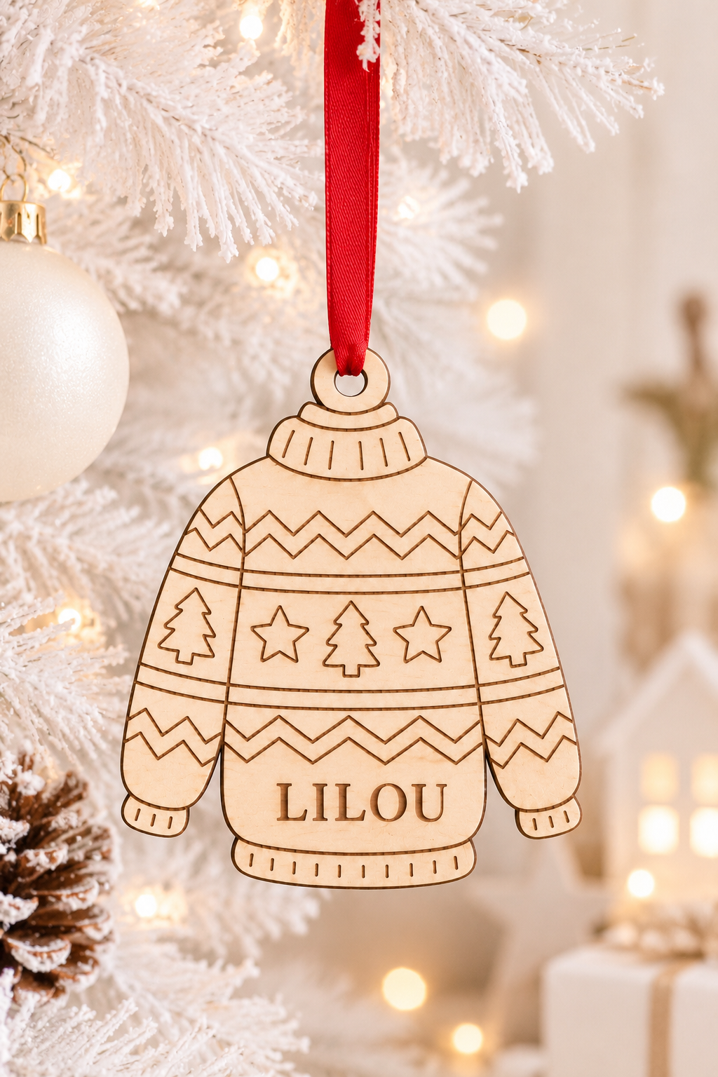 Décoration de Noël personnalisée en bois naturel 3 mm – Pull de Noël avec prénom