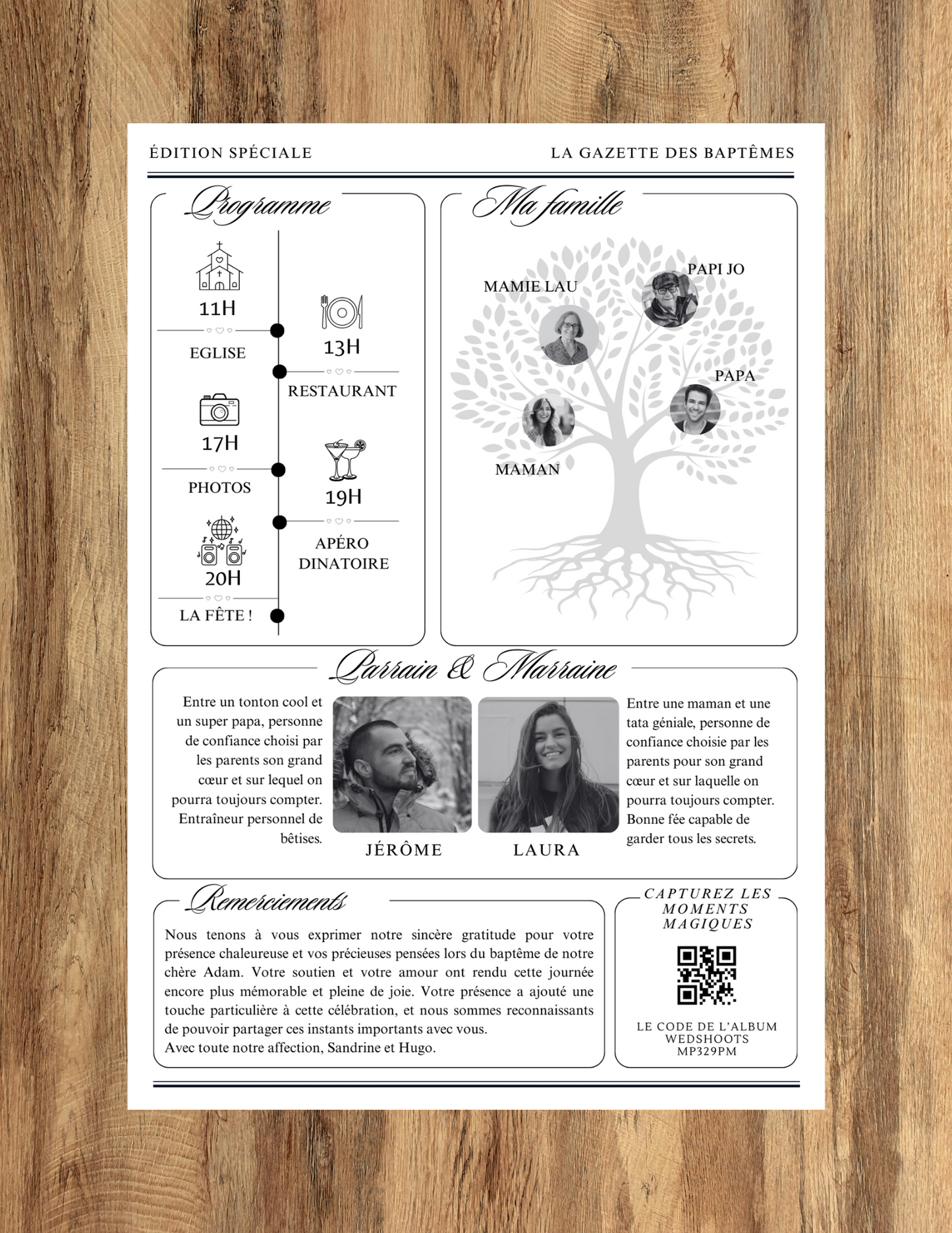 Exemple de personnalisation du faire-part de baptême 'La Gazette des Baptêmes'