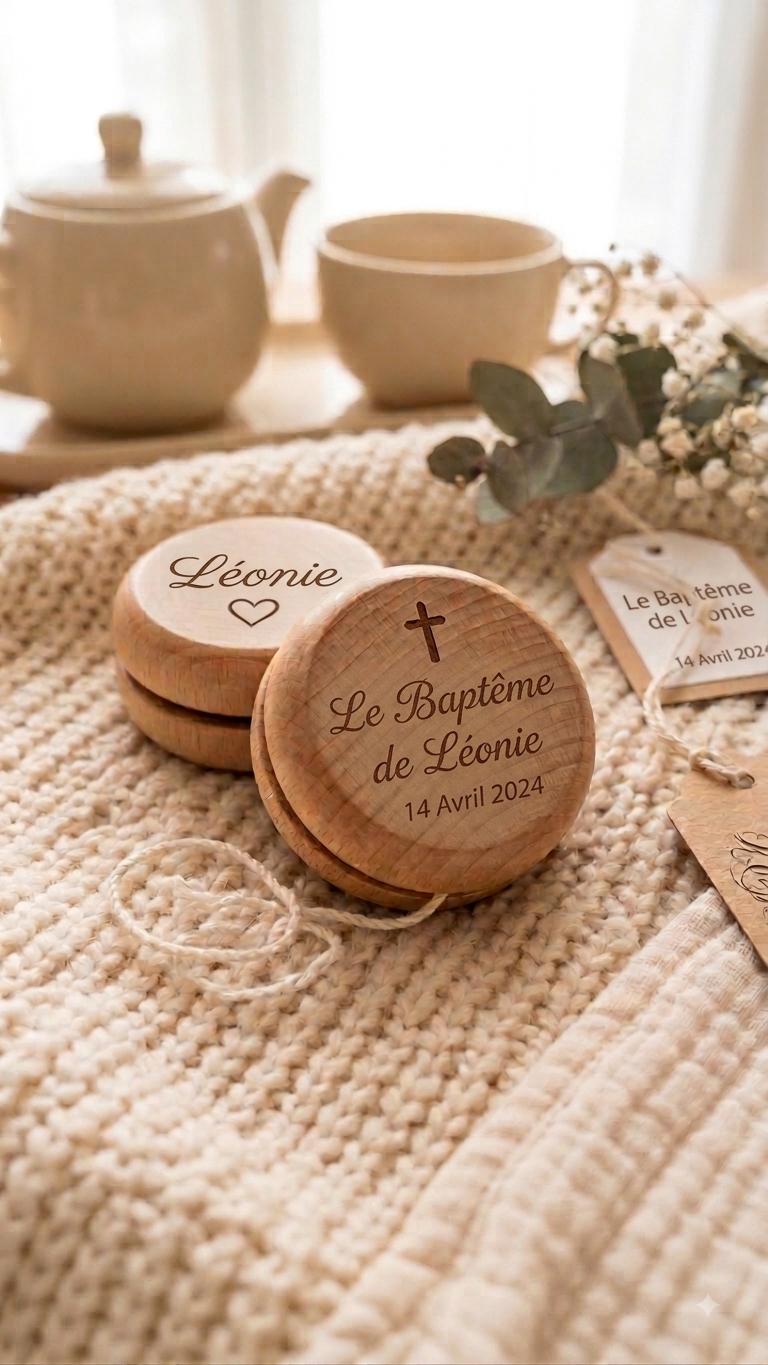 Yoyo en Bois Personnalisé Gravé — Cadeau d'Invité Baptême, Mariage & Anniversaire