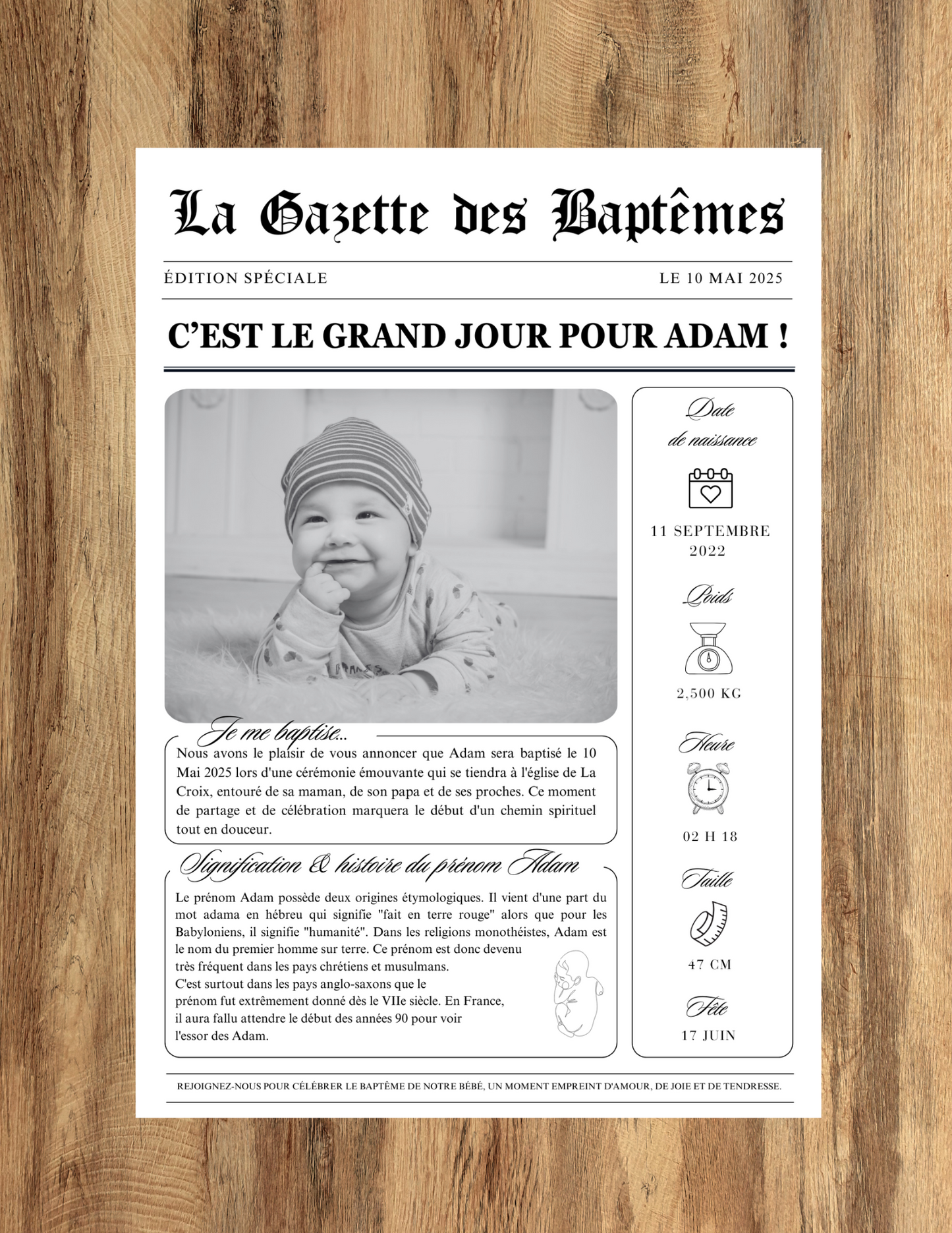 Faire-part de baptême 'La Gazette des Baptêmes' avec photo de l'enfant