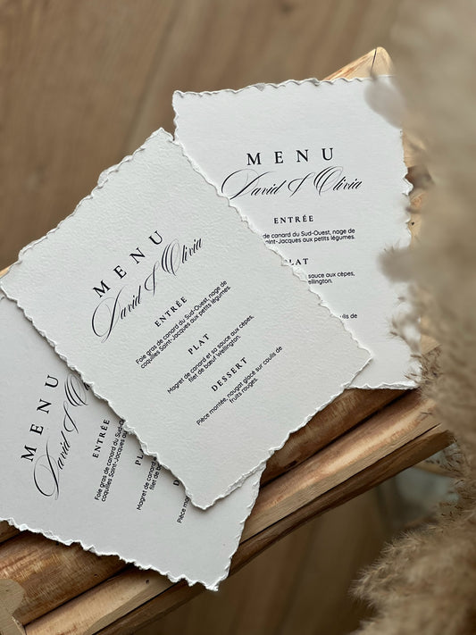 Menu de Mariage – Papier Texturé, Fait Main avec Bords Déchirés