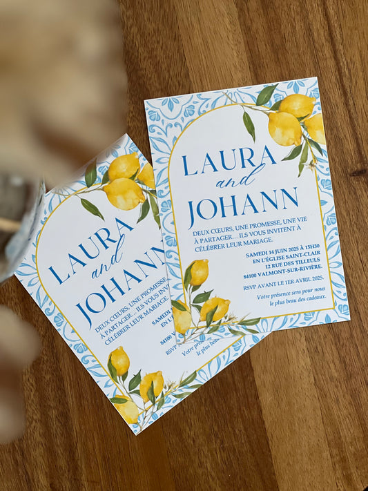 Invitation mariage Dolce Vita – Citron & Bleu Méditerranée 🍋💙