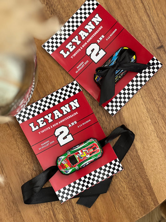 Invitations Anniversaire Enfant Thème Voiture de Course avec Miniature – Personnalisables