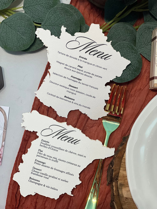 Menu personnalisé en forme de pays – Thème voyage / gastronomie