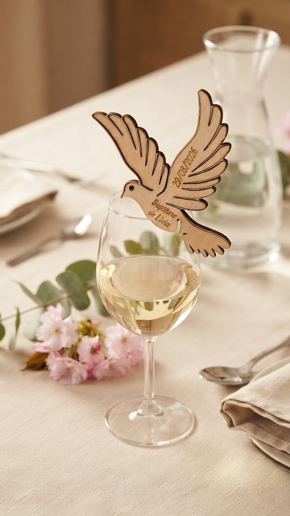 Marque-place "Colombe" polyvalent (Verre à vin ou Assiette) – Bois personnalisé (7 cm)