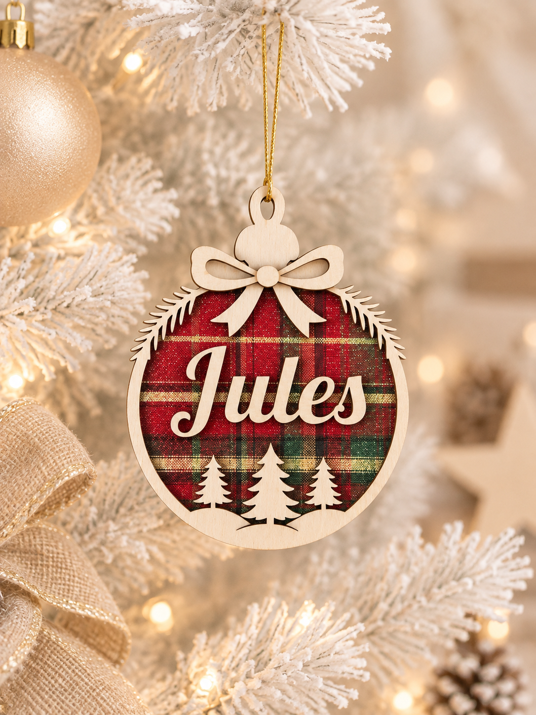 🎄 Boule de Noël Personnalisée en Bois & Tissu Tartan (8 cm)