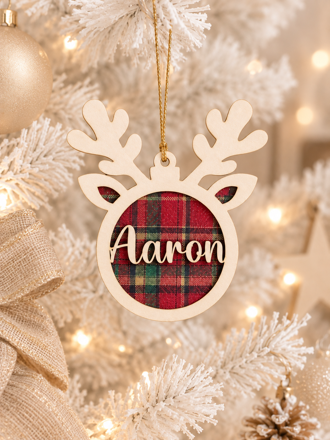 🦌 Suspension Renne de Noël Personnalisée en Bois & Tissu (8 cm)