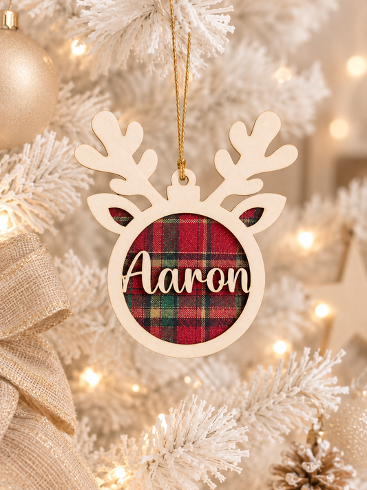 🦌 Suspension Renne de Noël Personnalisée en Bois & Tissu (8 cm)