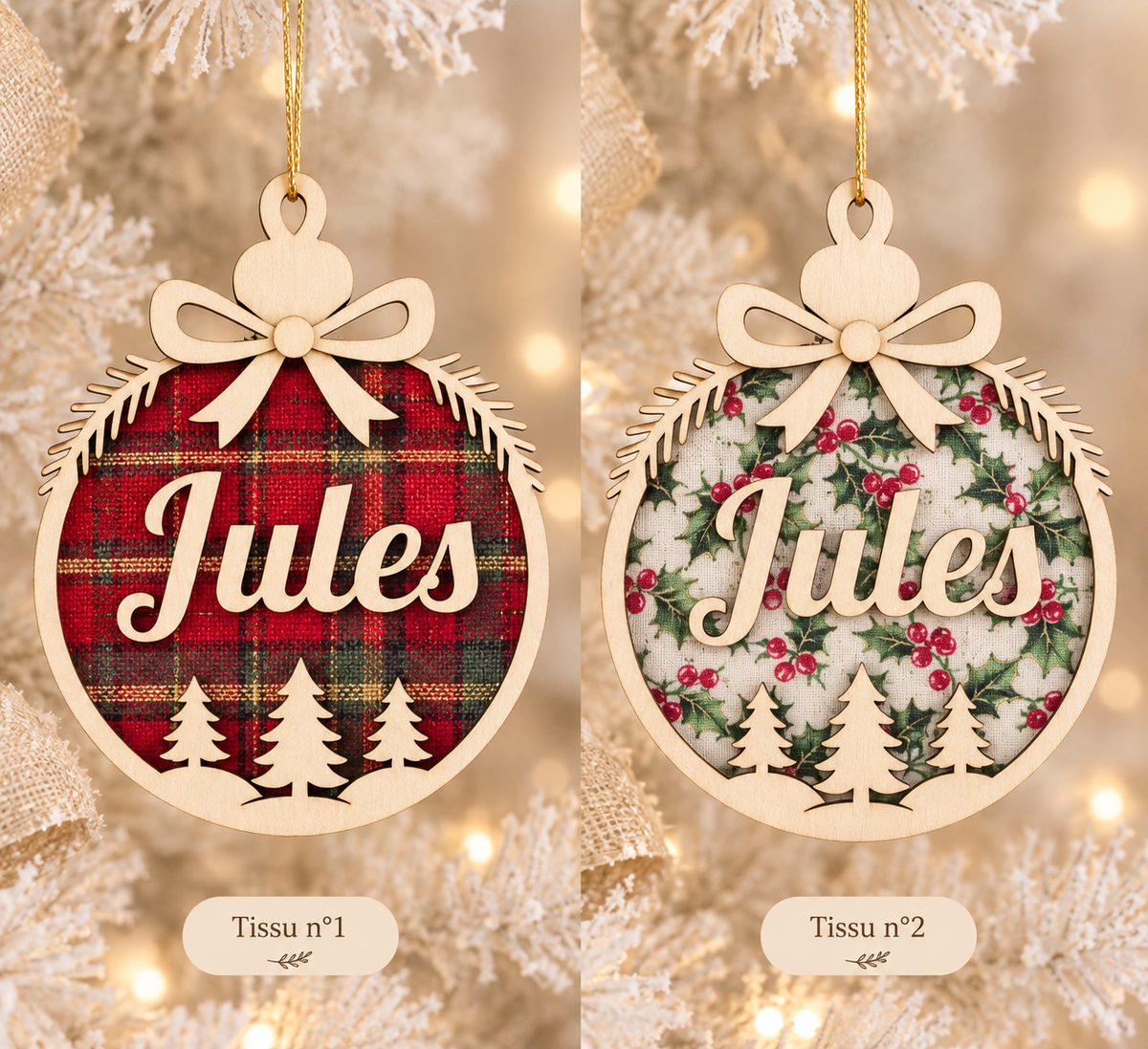🎄 Boule de Noël Personnalisée en Bois & Tissu Tartan (8 cm)