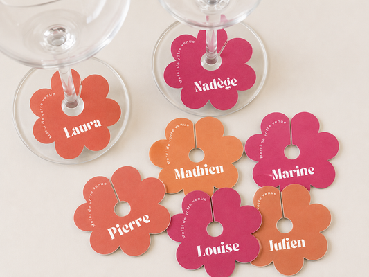 Marque-verre personnalisé rond ou fleur | Mariage, baptême, anniversaire