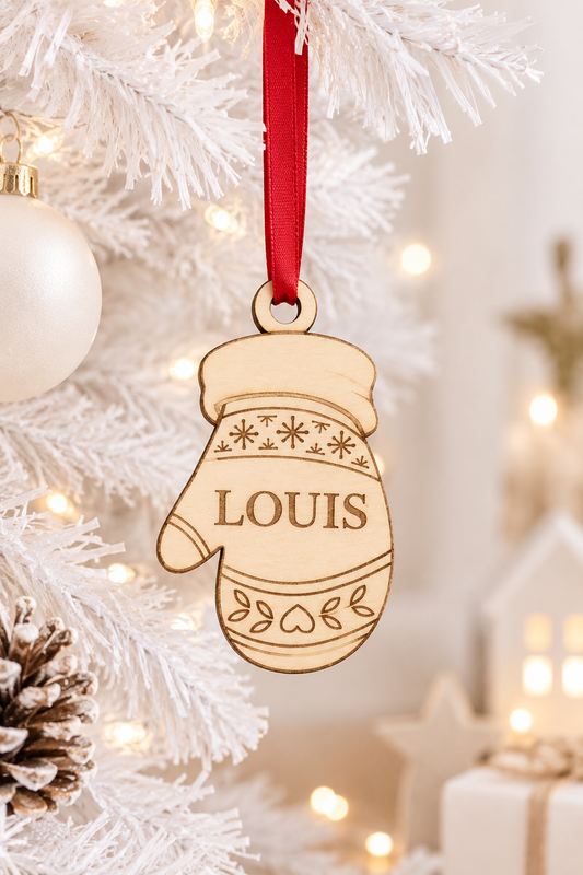 Décoration de Noël personnalisée en bois naturel 3 mm – Moufle prénom