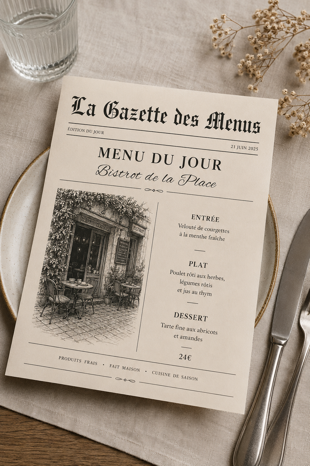 Gazette Personnalisée | Menu Restaurant, Mariage, Baptême, Anniversaire avec QR Code – Création 100 % Sur Mesure