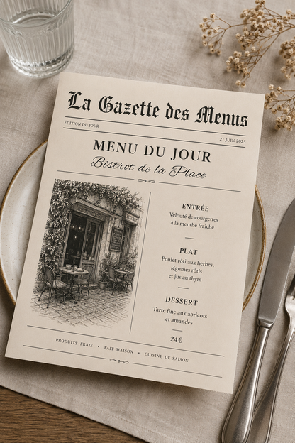 Gazette Personnalisée | Menu Restaurant, Mariage, Baptême, Anniversaire avec QR Code – Création 100 % Sur Mesure