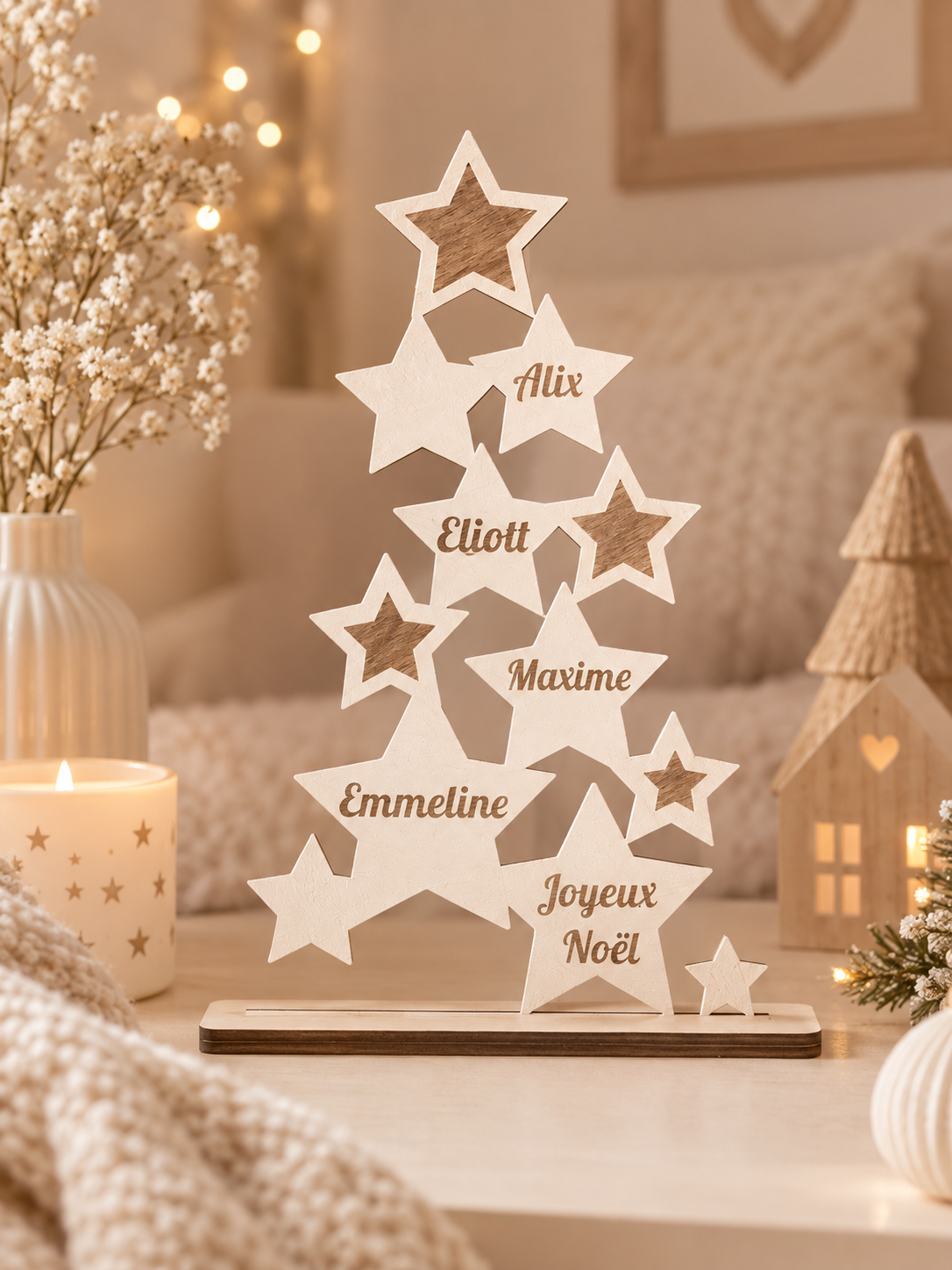 🎄 Sapin Étoiles en Bois Personnalisé (Hauteur 20 cm) – Avec Prénoms au Choix