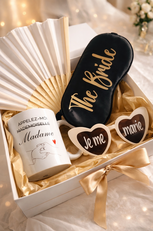 Box future mariée avec accessoires EVJF : mug Appelez-moi Madame, masque The Bride, lunettes Je me marie et éventail