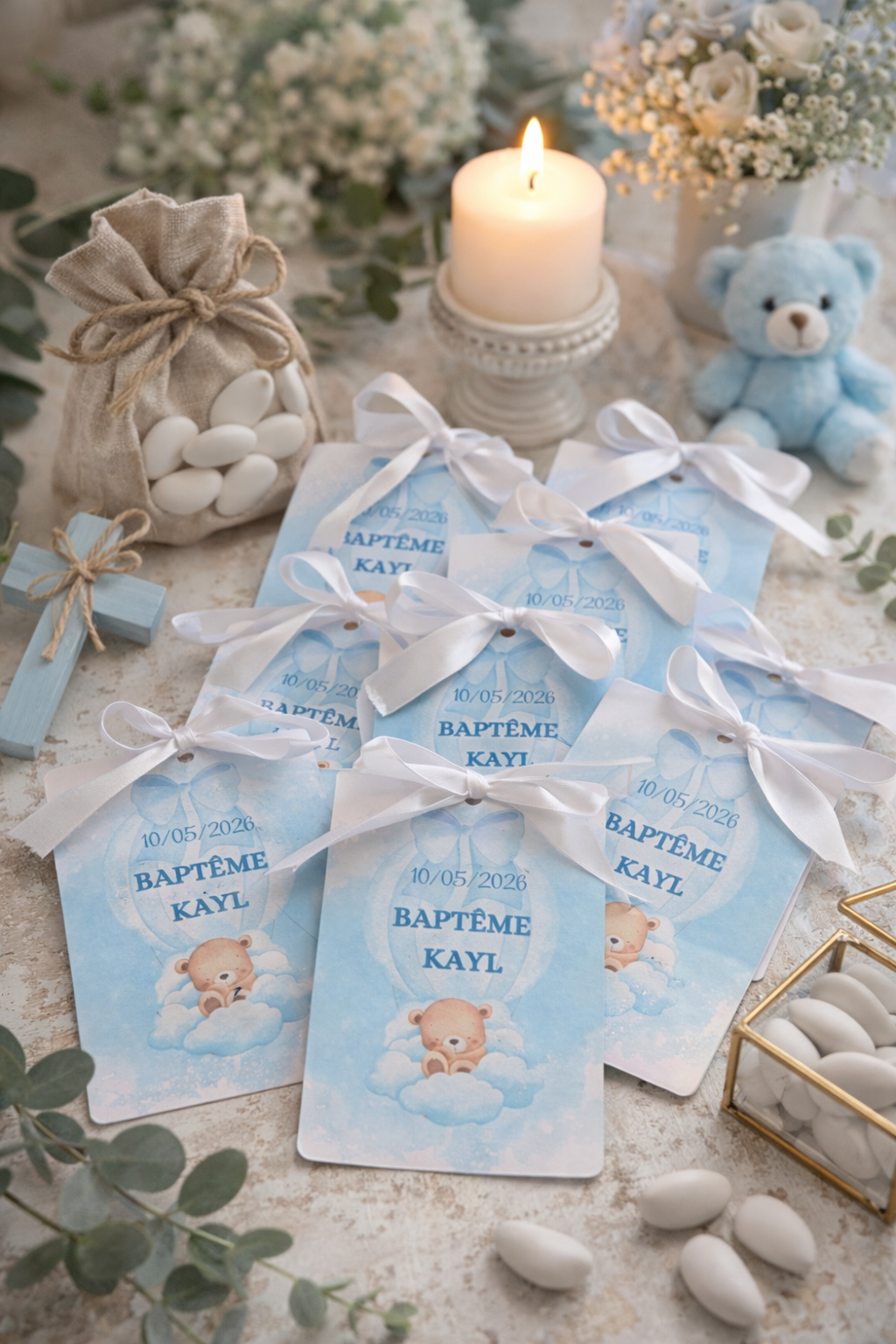 Faire-part Baptême Ourson Bleu Personnalisée avec Ruban Satin