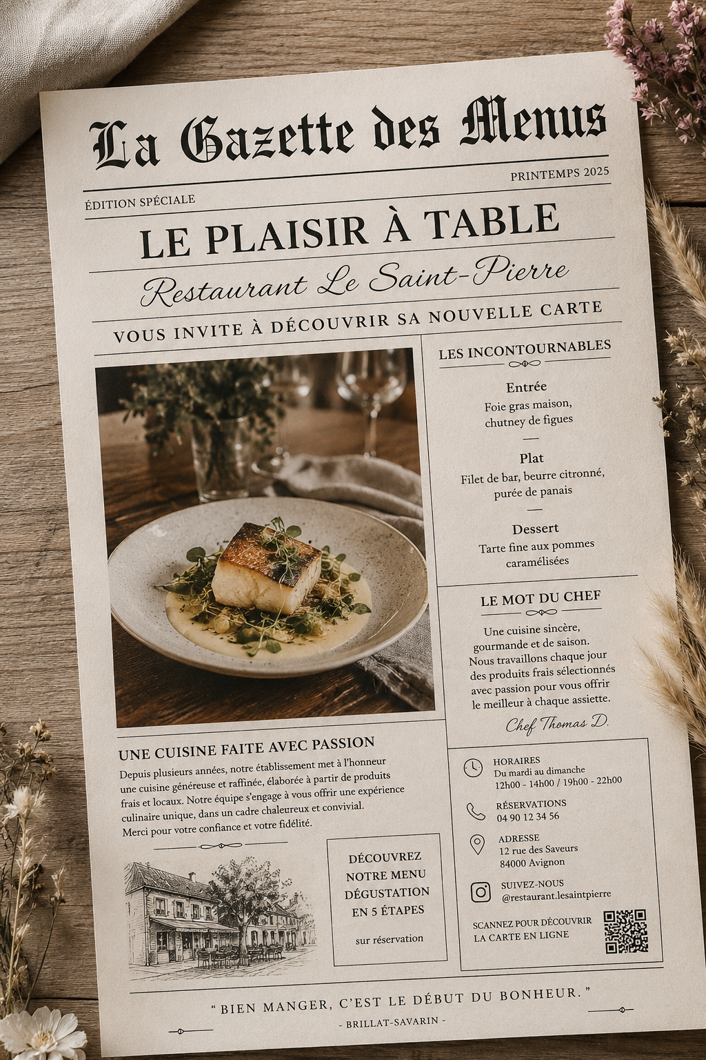 Gazette Personnalisée | Menu Restaurant, Mariage, Baptême, Anniversaire avec QR Code – Création 100 % Sur Mesure