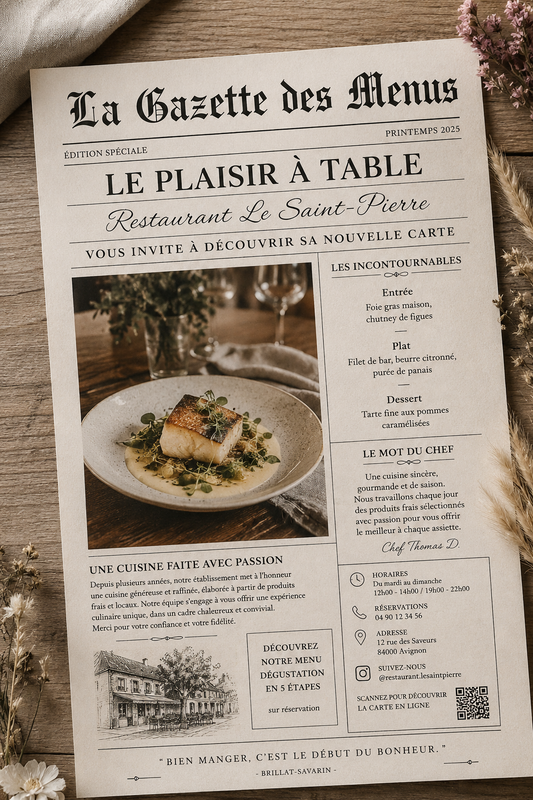 Gazette Personnalisée | Menu Restaurant, Mariage, Baptême, Anniversaire avec QR Code – Création 100 % Sur Mesure
