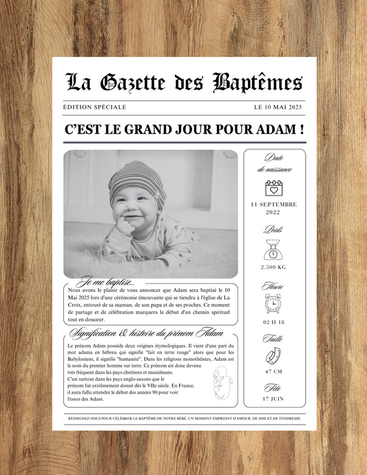 Faire-part de baptême 'La Gazette des Baptêmes' avec photo de l'enfant