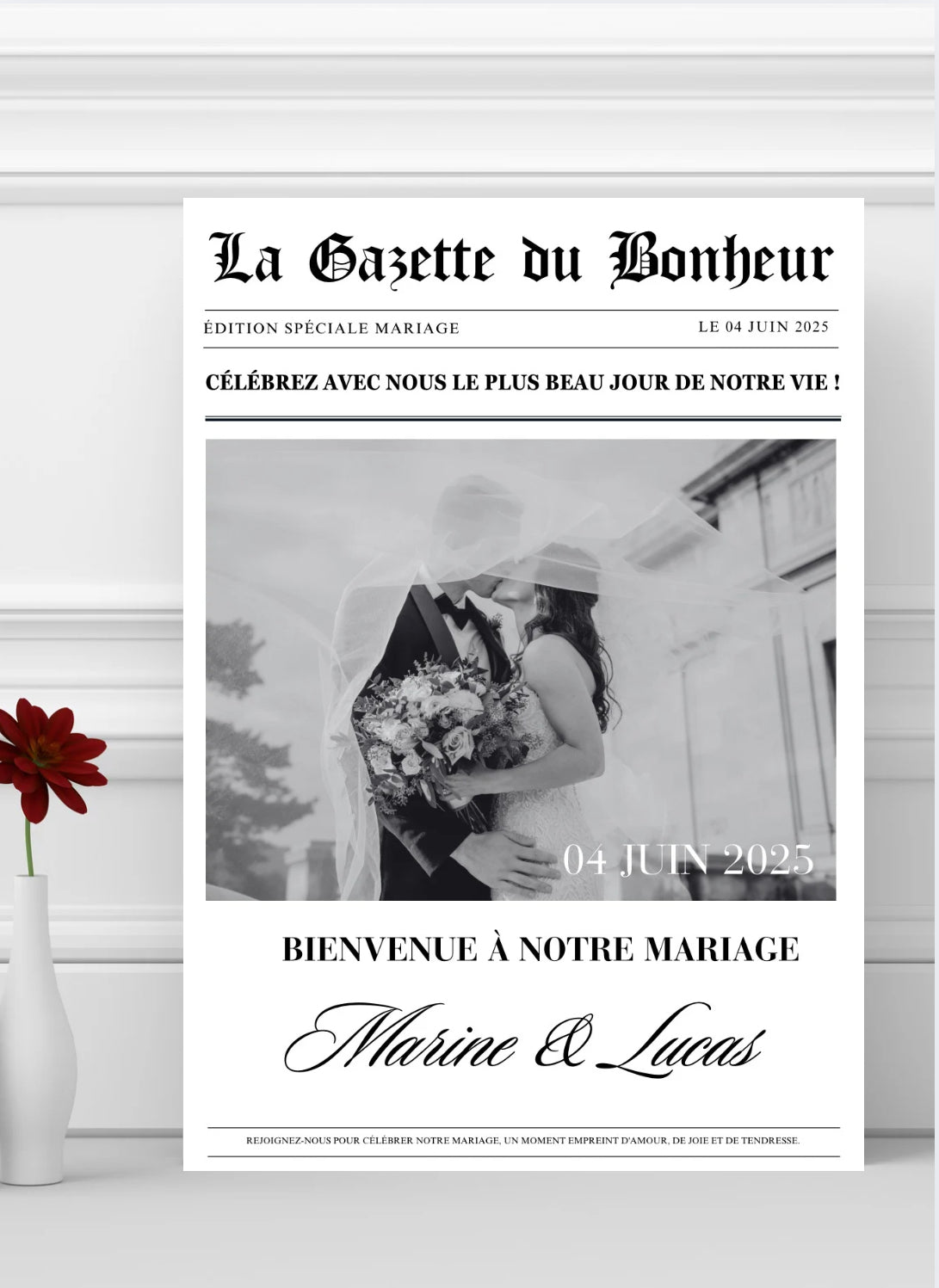 Affiche de bienvenue Mariage « Gazette du Bonheur »