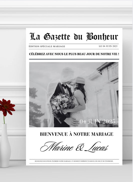 Affiche de bienvenue Mariage « Gazette du Bonheur »