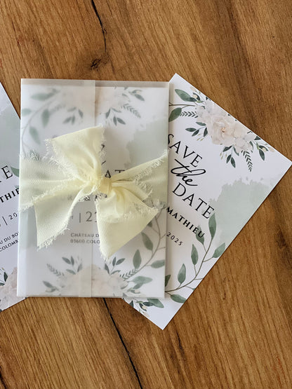 Faires-parts de mariage format pochette avec ruban