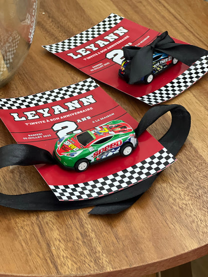 Invitations Anniversaire Enfant Thème Voiture de Course avec Miniature – Personnalisables