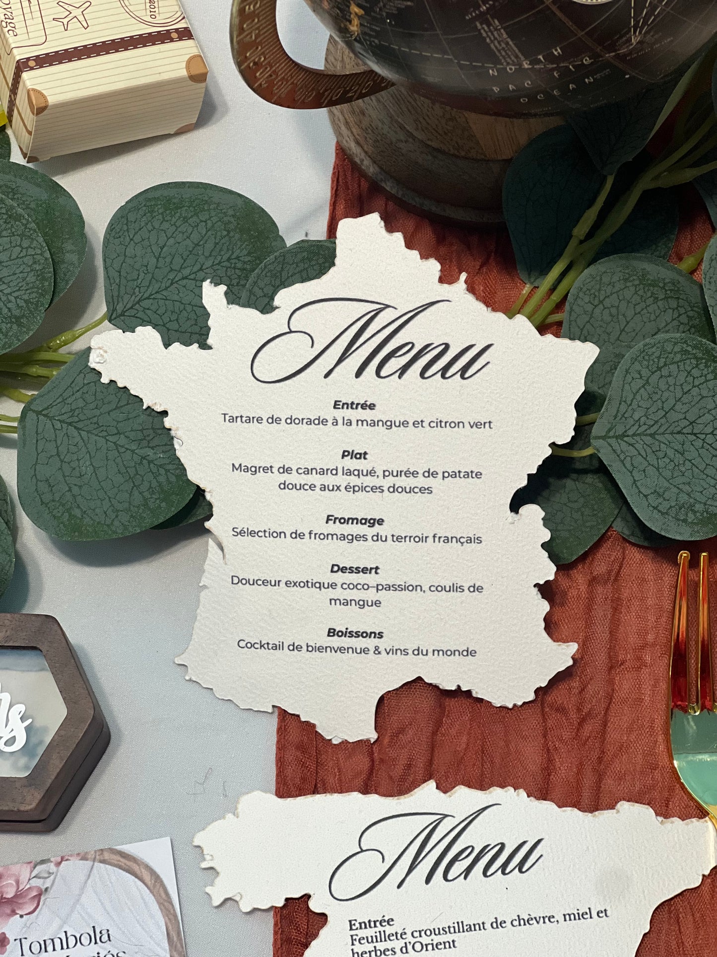 Menu personnalisé en forme de pays – Thème voyage / gastronomie