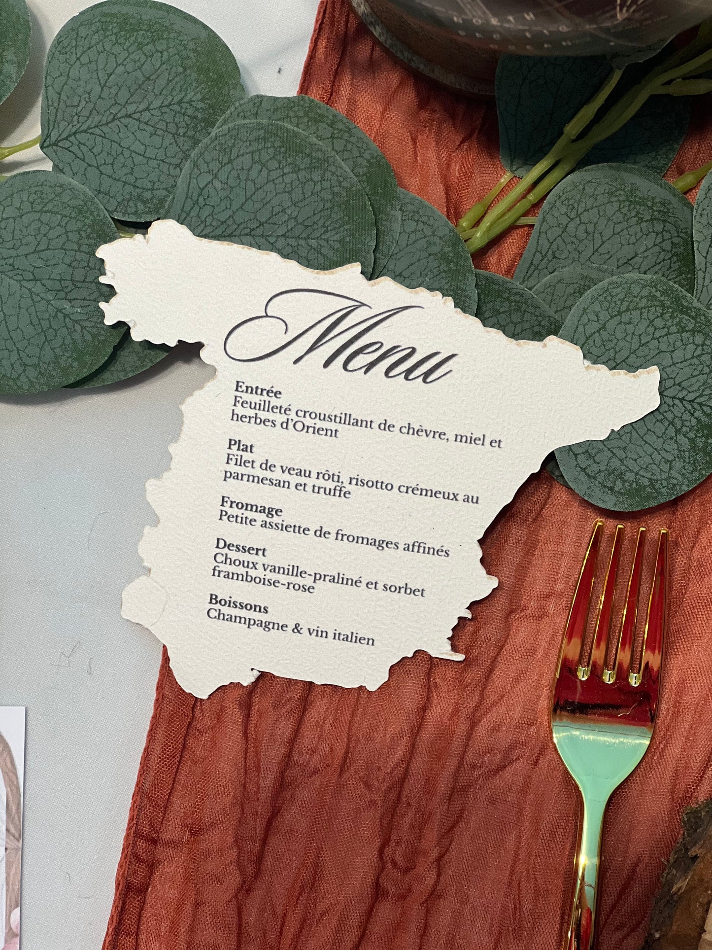 Menu personnalisé en forme de pays – Thème voyage / gastronomie