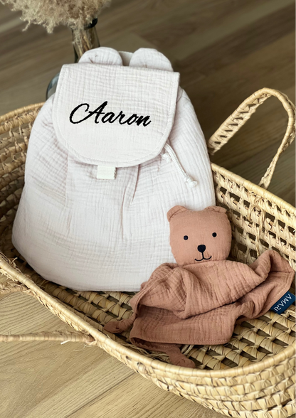 Sac à dos bébé personnalisé en gaze de coton – Flocage ou broderie